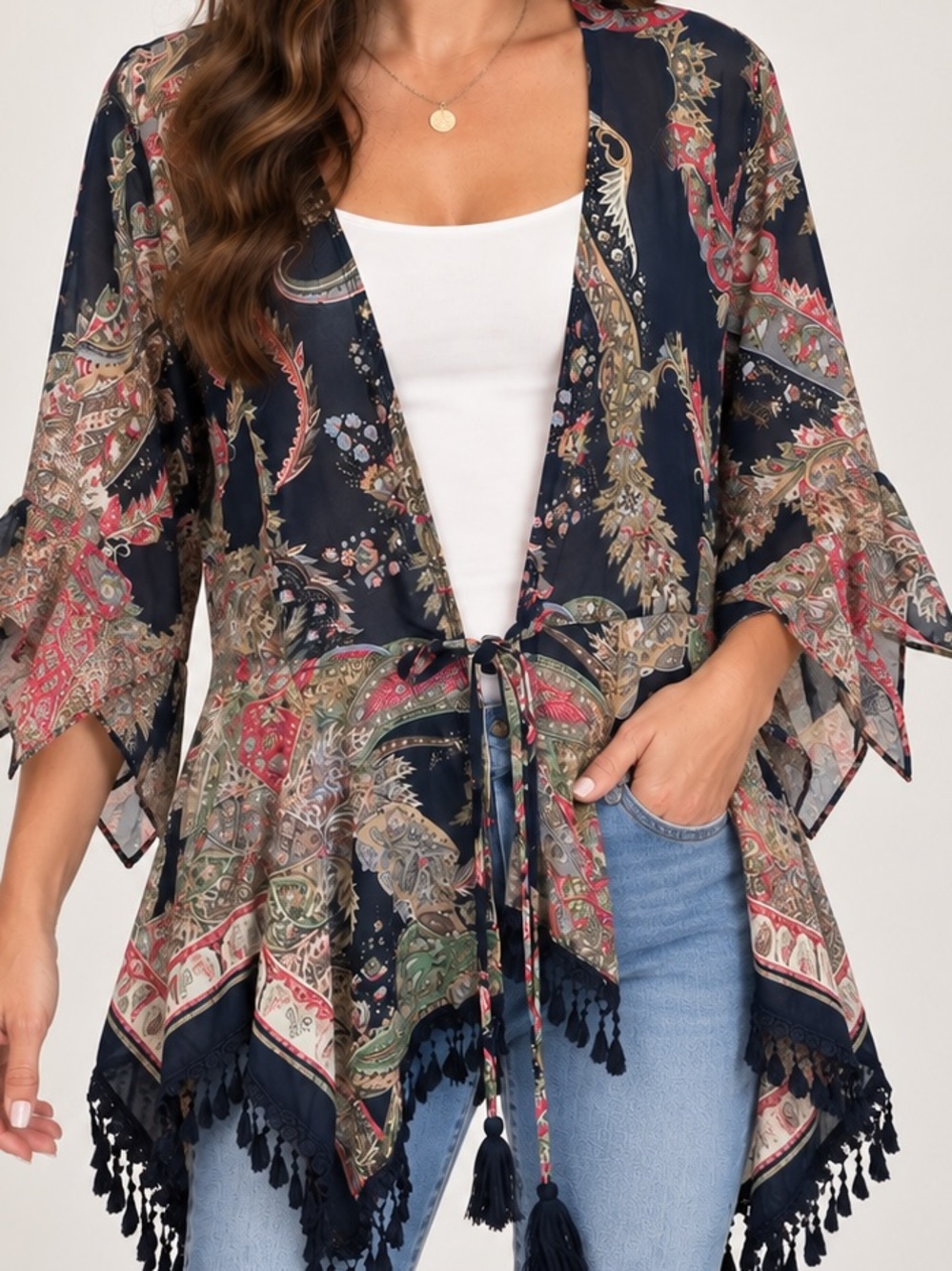 Umgee Navy Paisley Kimono Top Boho Tassel Fringe Tie Front Size L
